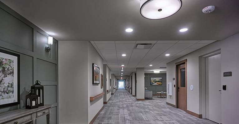 Interior hallway of a senior living facility