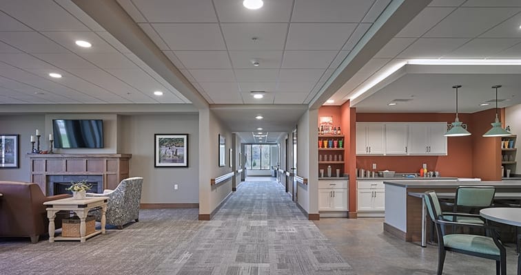 Interior hallway of a modern assisted living facility