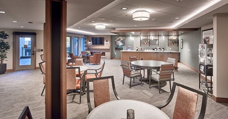 Common area with seating and beverage station