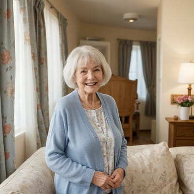 A smiling resident in a cozy living area