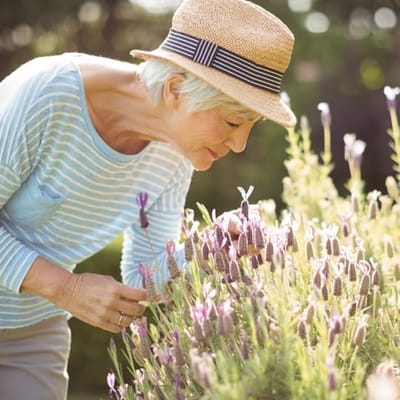 Senior woman enjoying gardening in a flower patch