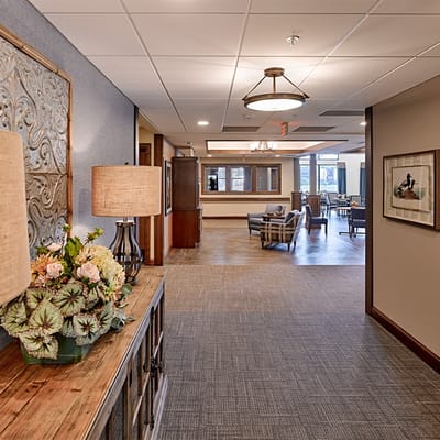 Interior view of a bright common area with seating