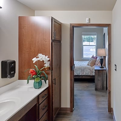 Interior view of a resident room and bathroom