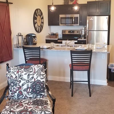 Interior view of a senior living apartment kitchen