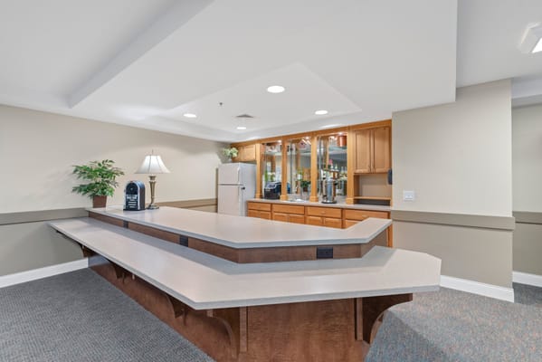 Interior view of a kitchen area with seating