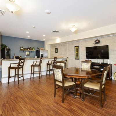 Interior view of a cozy common area with seating
