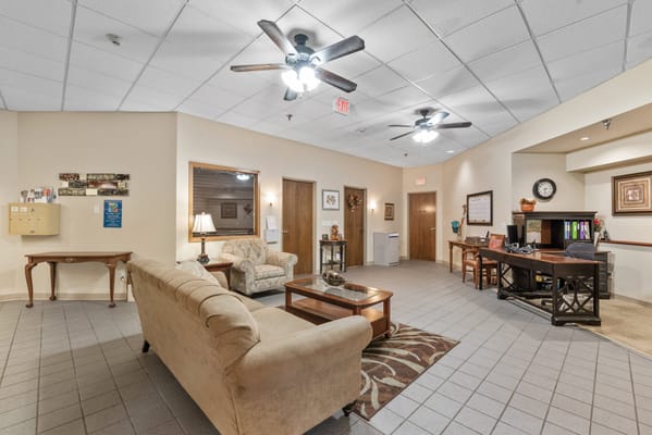 Lobby area with seating and reception desk