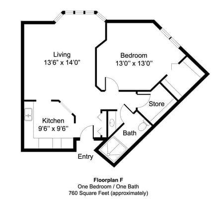 Architectural floor plan of a one-bedroom unit