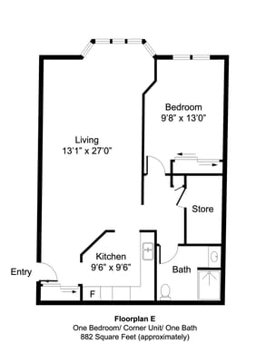 Architectural floor plan of a one-bedroom unit