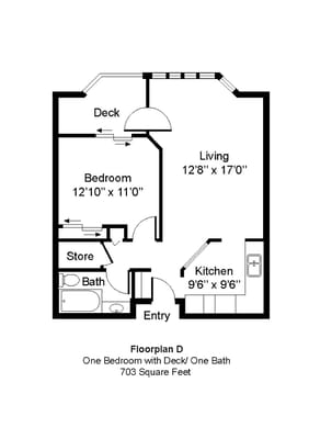 Floor plan of a one-bedroom apartment with a deck