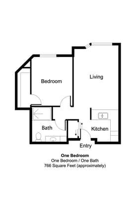 Architectural floor plan of a one-bedroom unit