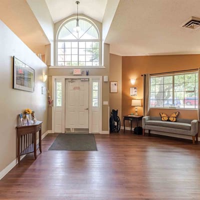 Bright lobby area with seating and decor