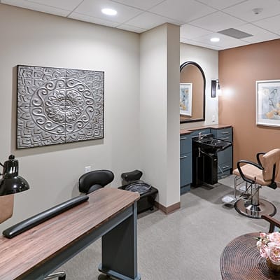 Interior view of a hair salon area in a senior living facility