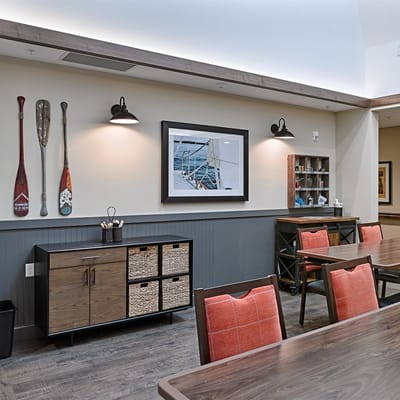 Interior dining room with artistic decor and seating