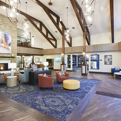 Interior view of a stylish common area in a senior living facility