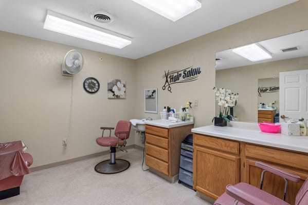 Interior of a hair salon with styling stations