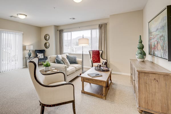 Bright and inviting living room area in senior living facility