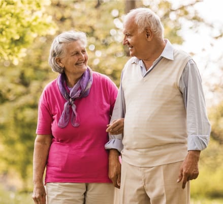 Elderly couple walking in a park, enjoying the outdoors
