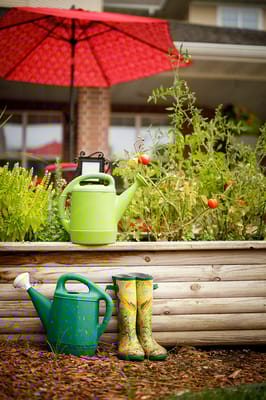 Gardening tools and flowers in a beautiful outdoor garden