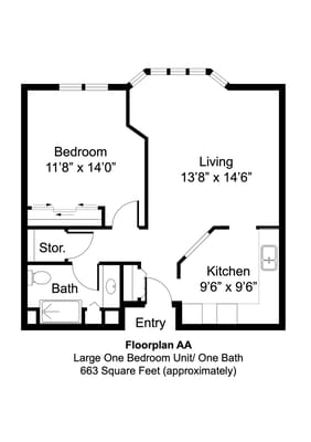 Architectural floor plan of a one-bedroom unit