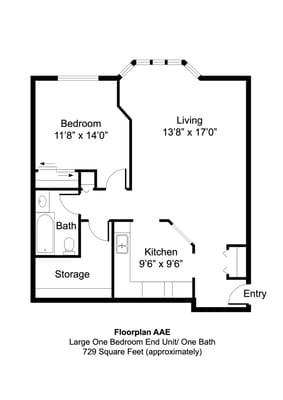 Architectural floor plan of a one-bedroom unit