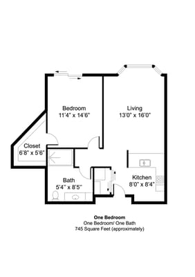 Architectural floor plan for a one-bedroom unit