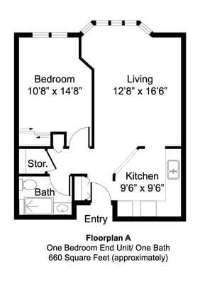 Architectural floor plan for a one-bedroom unit