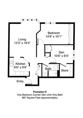 Architectural floor plan of a one-bedroom unit