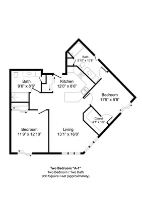 Architectural floor plan of a two-bedroom unit