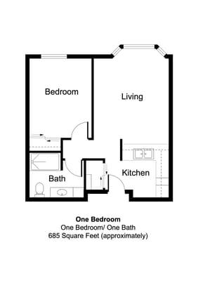 Architectural floor plan for a one-bedroom unit