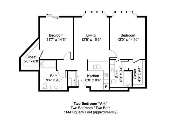 Architectural floor plan of a two-bedroom unit