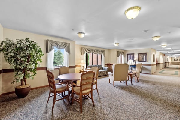 A comfortable common area with seating and decor