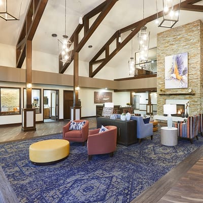 Welcoming common area with modern decor in a senior living facility