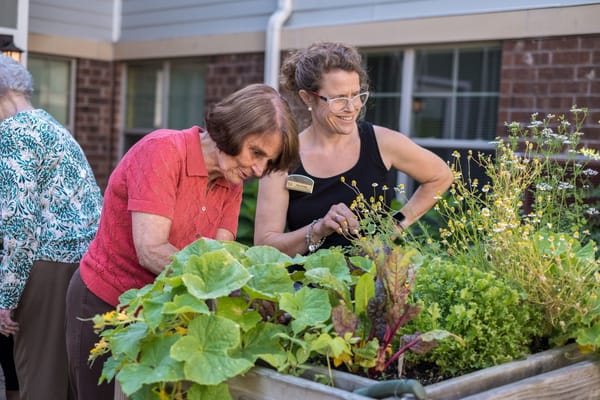 Residents engaged in gardening activity with staff member