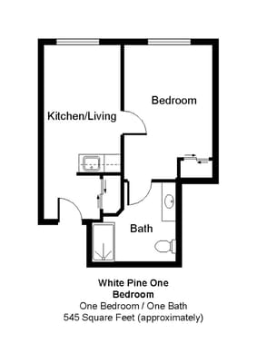 Architectural floor plan of a one-bedroom unit