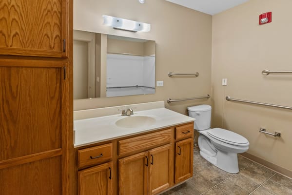 Clean and accessible bathroom with safety features