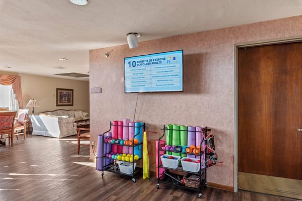 Exercise area with colorful fitness equipment