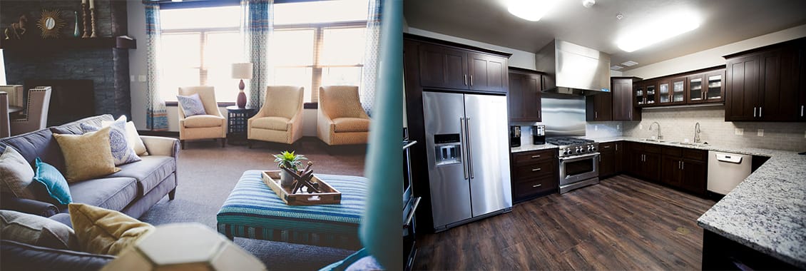 Cozy lounge area and modern kitchen in an assisted living facility