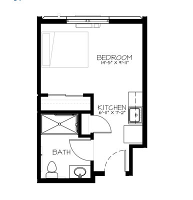Architectural floor plan showing a one-bedroom layout