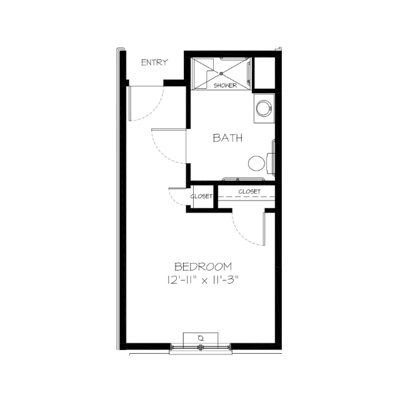 Architectural floor plan of a bedroom with bath