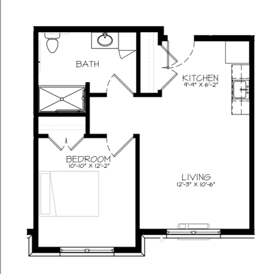 Architectural floor plan of a one-bedroom unit