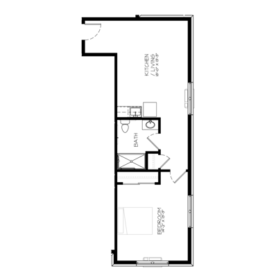 Architectural floor plan of a one-bedroom unit