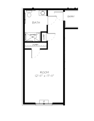 Architectural floor plan of a resident room layout