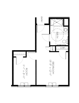 Architectural floor plan of a resident room and bathroom