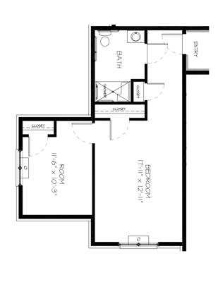 Architectural floor plan of a bedroom and bath