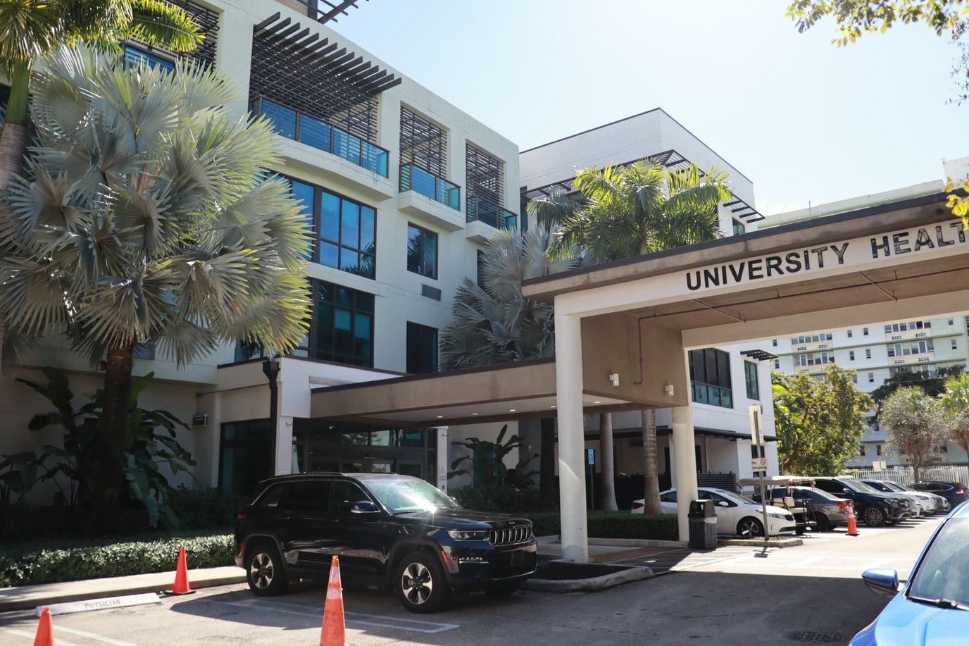 Exterior view of University Health building with palm trees