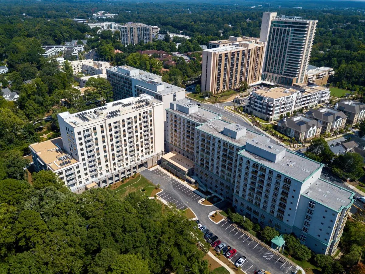 Aerial view of a large assisted living facility complex