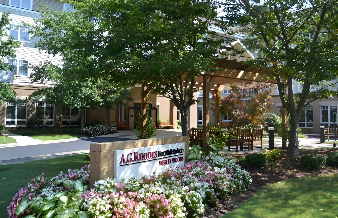 Exterior view of A.G. Rhodes Wesley Woods with landscaping