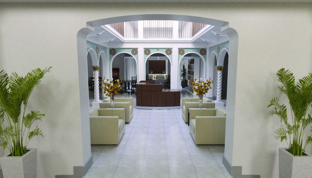 Bright interior of a common area with seating