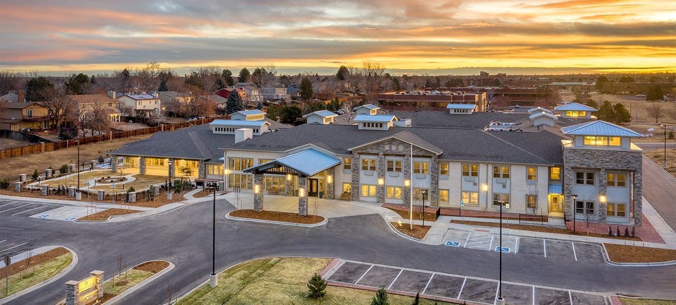 Aerial view of StoneCreek of Littleton building at sunset